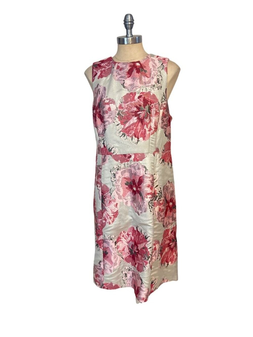 Pink Tartan Floral Jacquard Sleeveless Dress Metallic Red & Pink Print Size 14
